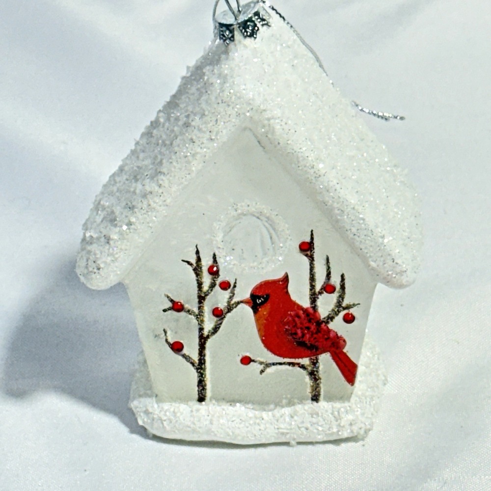 Kurt Adler‎ White Birdhouse With Cardinals Glass Ornament